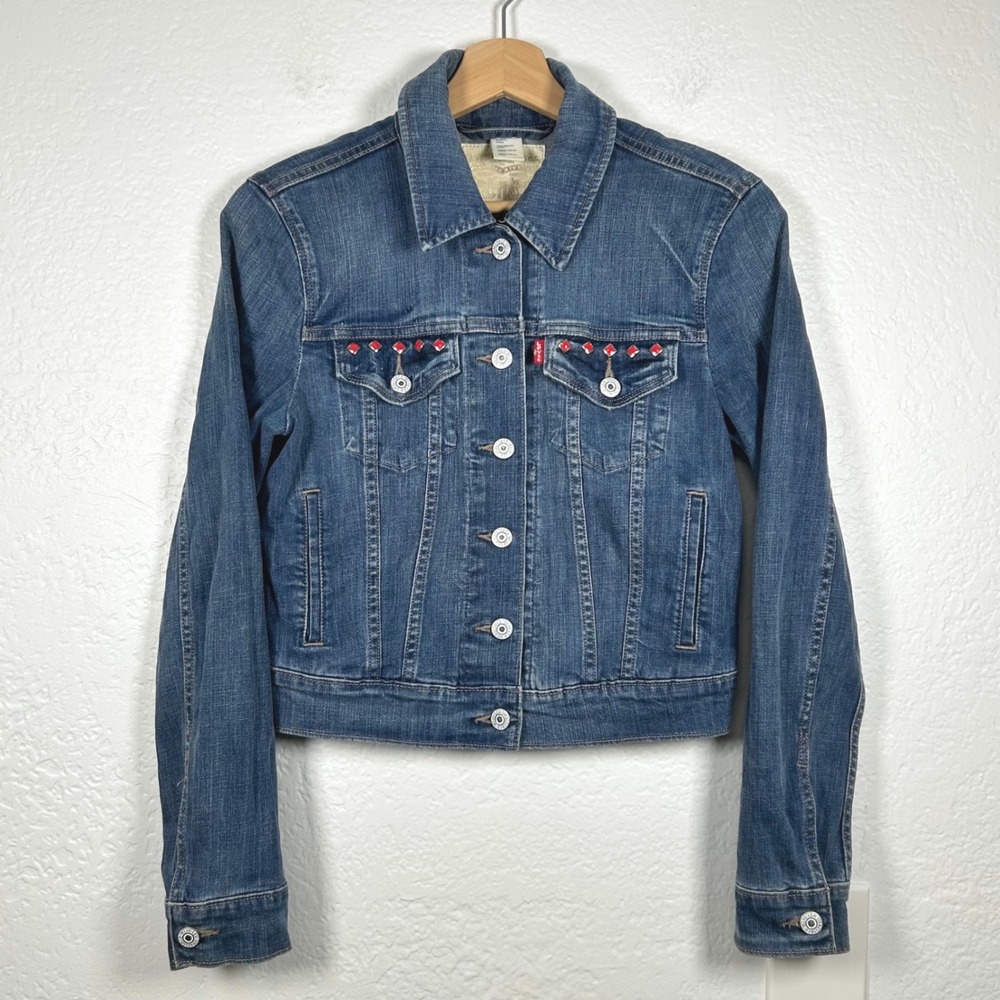 Levi's Blue Denim Trucker Jacket Red Studded Embellished Size XS